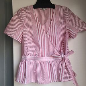 Madewell Cotton Read and White Strip Short Sleeve Wrap top Side Tie Size S